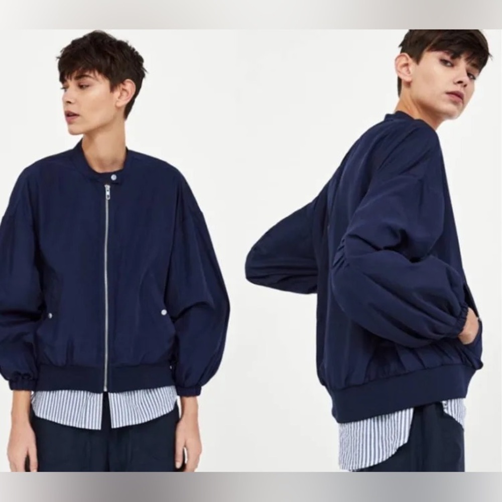 [XL]Zara Navy Blue Water Repellent Bomber Jacket Relaxed Fit